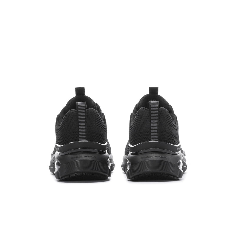 Men's black running sneakers, rear view with padded collar and stacked heel