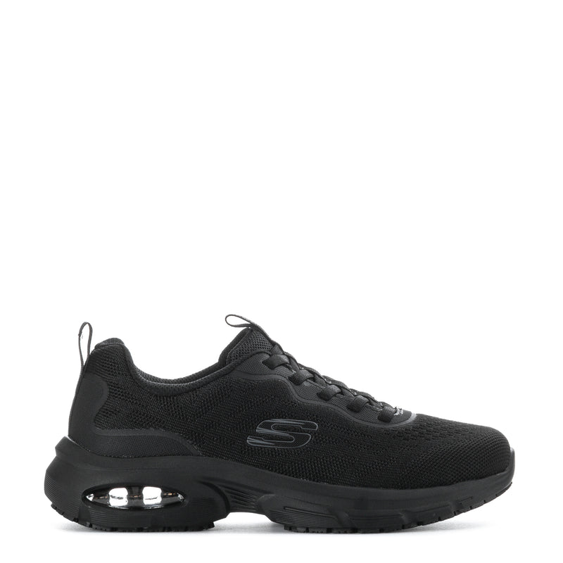 Black women's lace-up athletic sneaker with mesh upper and air-cushioned sole