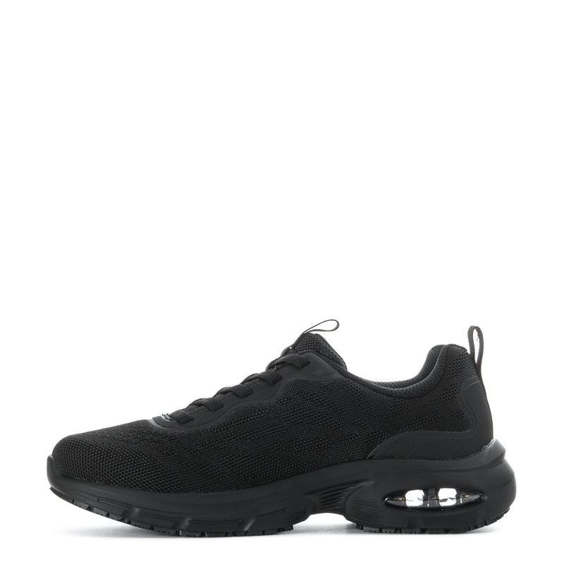 Black women's lace-up athletic sneaker with visible air window on outsole