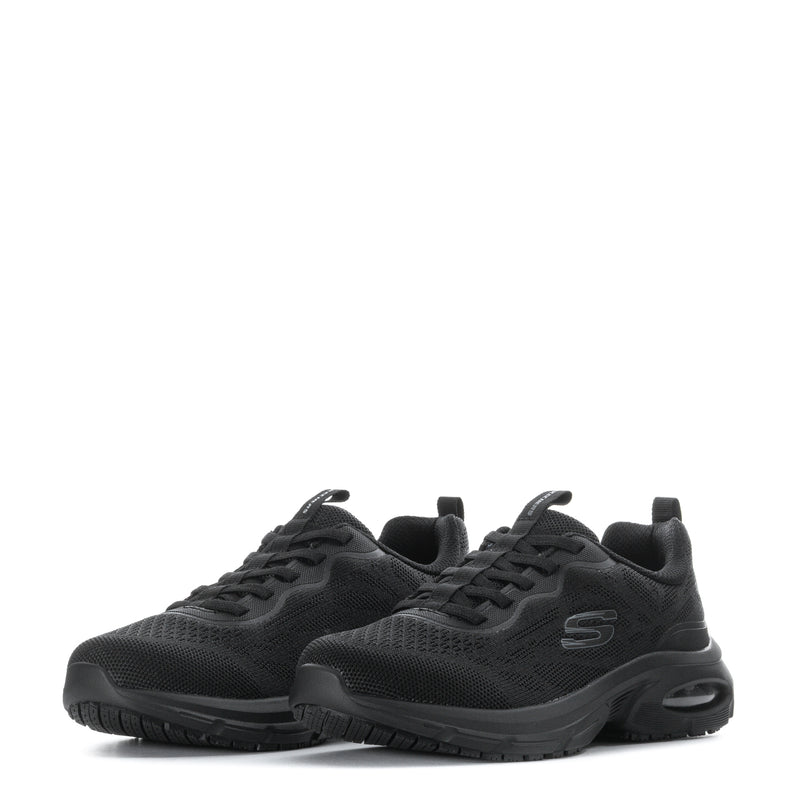 Black women's lace-up athletic sneaker pair view with textured traction sole