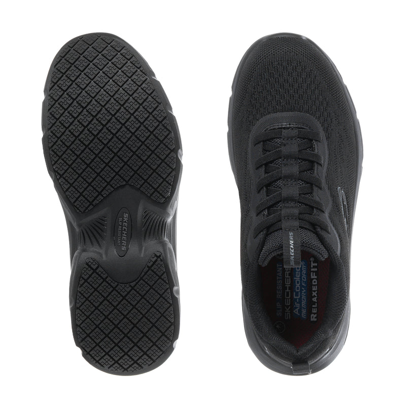 Black women's athletic sneaker outsole tread and lace-up upper side view