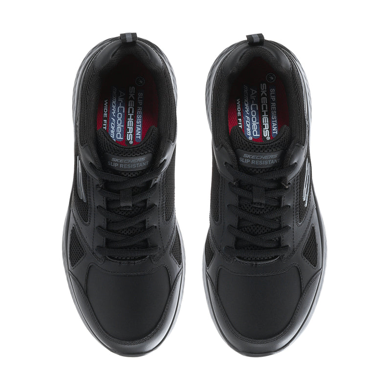Pair of black sneakers from toe opening, showing laces and padded interior lining