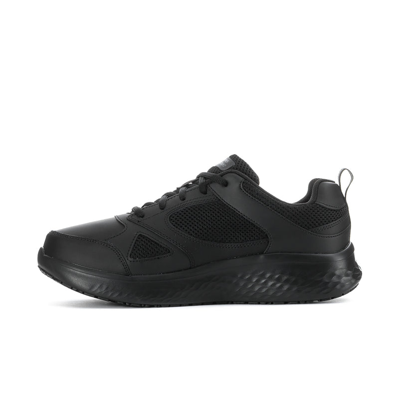 Men's black lace-up sneaker with side vented panels and textured traction sole