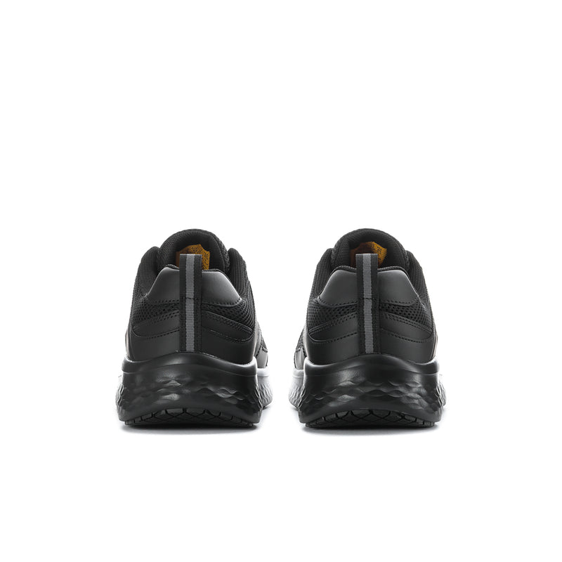 Pair of black sneakers from heel view, showing padded back and rear tread edge