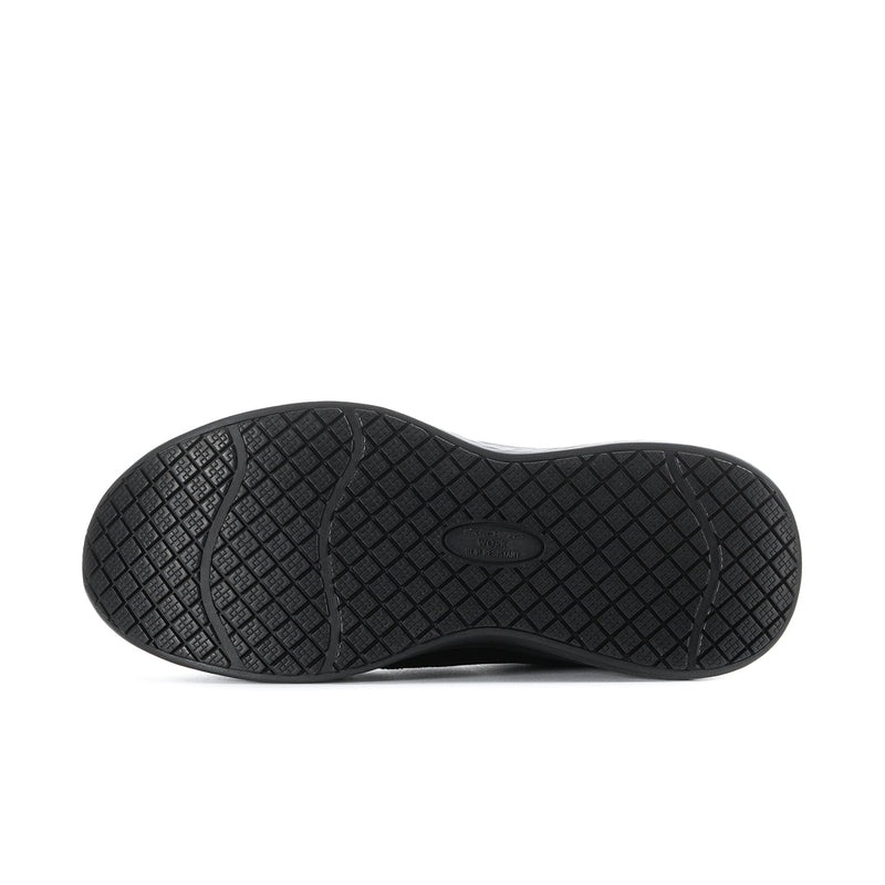 Black rubber outsole with patterned tread for slip resistance and traction
