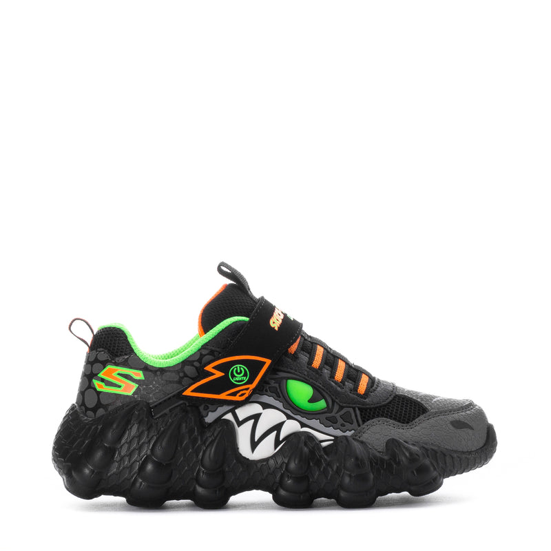 Kids black sneakers with lime green trim, orange laces, and dinosaur graphic