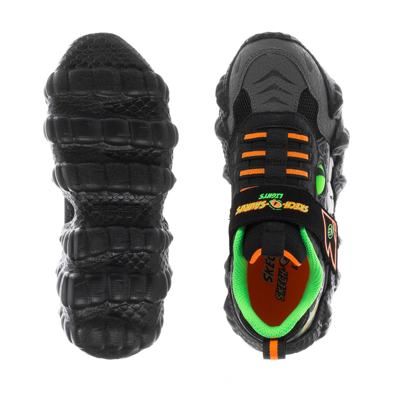 Kids black sneaker heel and inner view; lime-green and orange details