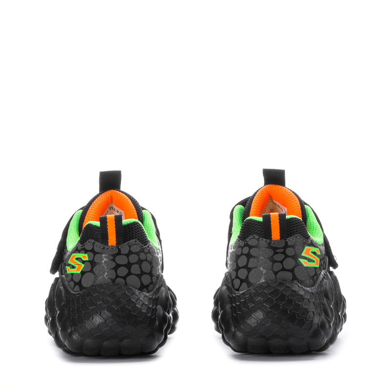 Kids black sneakers rear view with lime green and orange heel accents