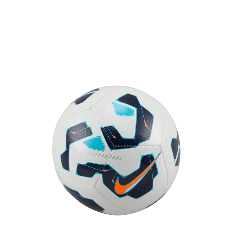White mini soccer ball with blue-black panels and orange Nike swoosh