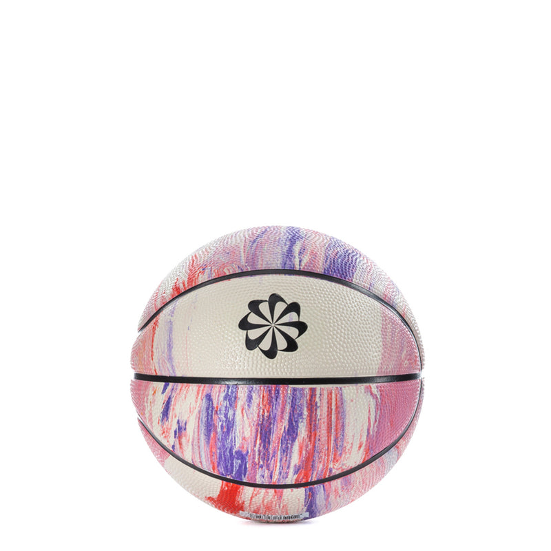 Mini basketball with multicolor paint splatter and black flower emblem