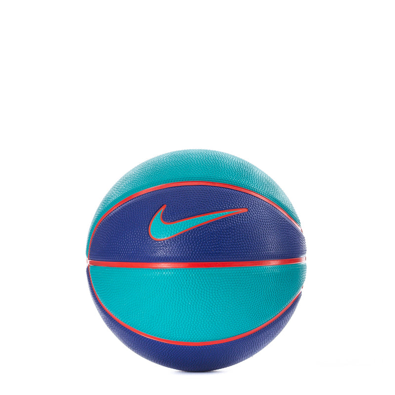 Mini basketball with turquoise top, navy panels, red edge and Nike swoosh