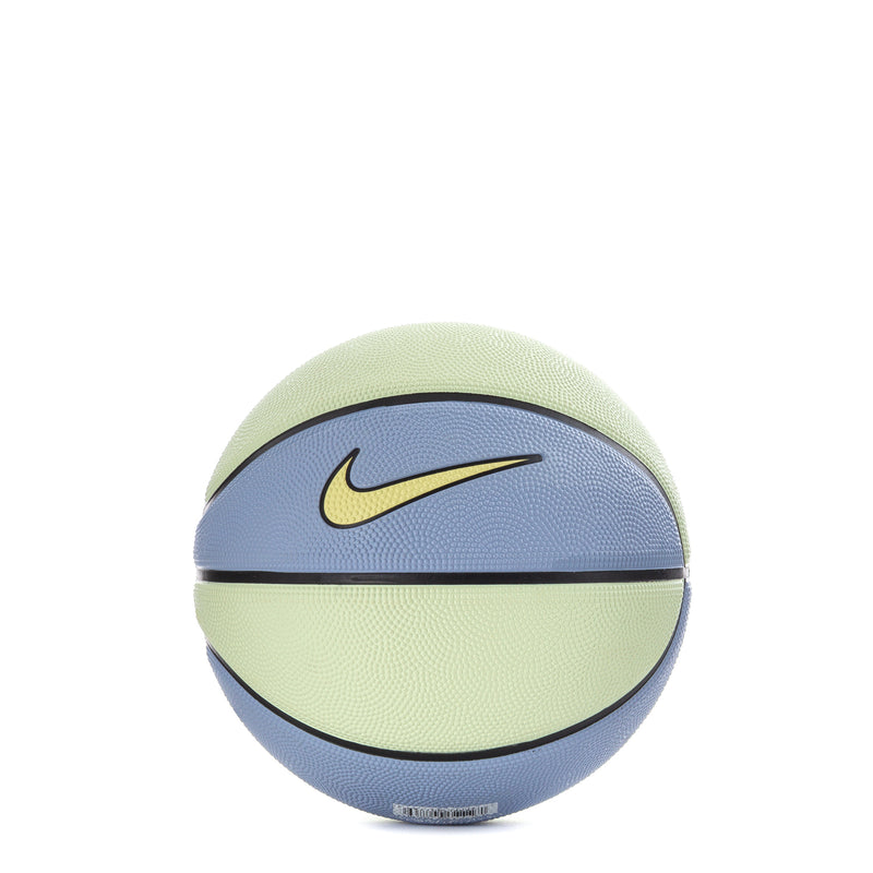 Mini basketball, blue top and yellow bottom panels with black stripe and Nike swoosh