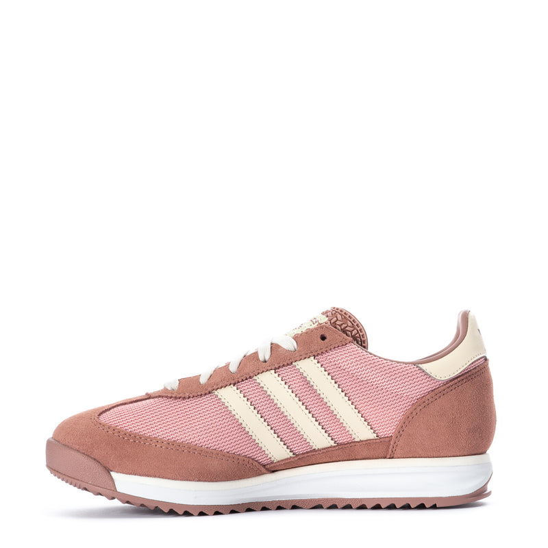 Youth adidas low-top sneakers, mauve-pink knit with white three stripes and tan suede toe