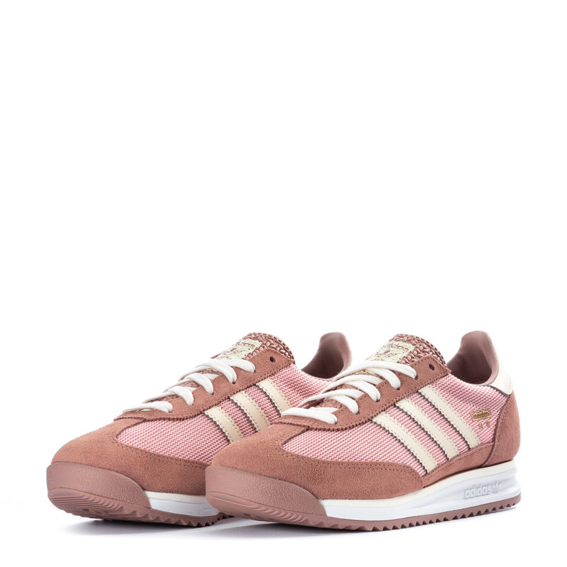 Pair of youth adidas sneakers, mauve knit and tan suede with white triple stripes and laces
