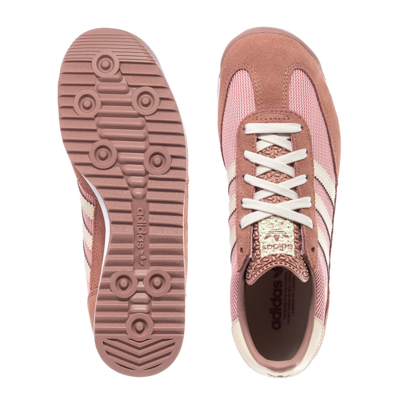 Youth adidas sneakers outsole and inside view, mauve upper with white laces