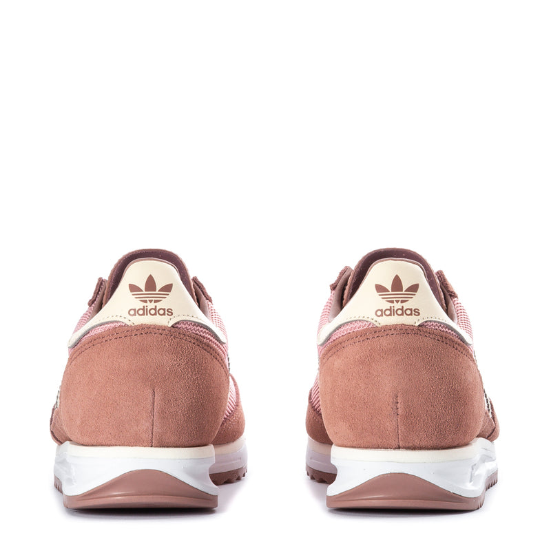 Youth adidas sneakers heel view, mauve suede with white midsole and adidas logo