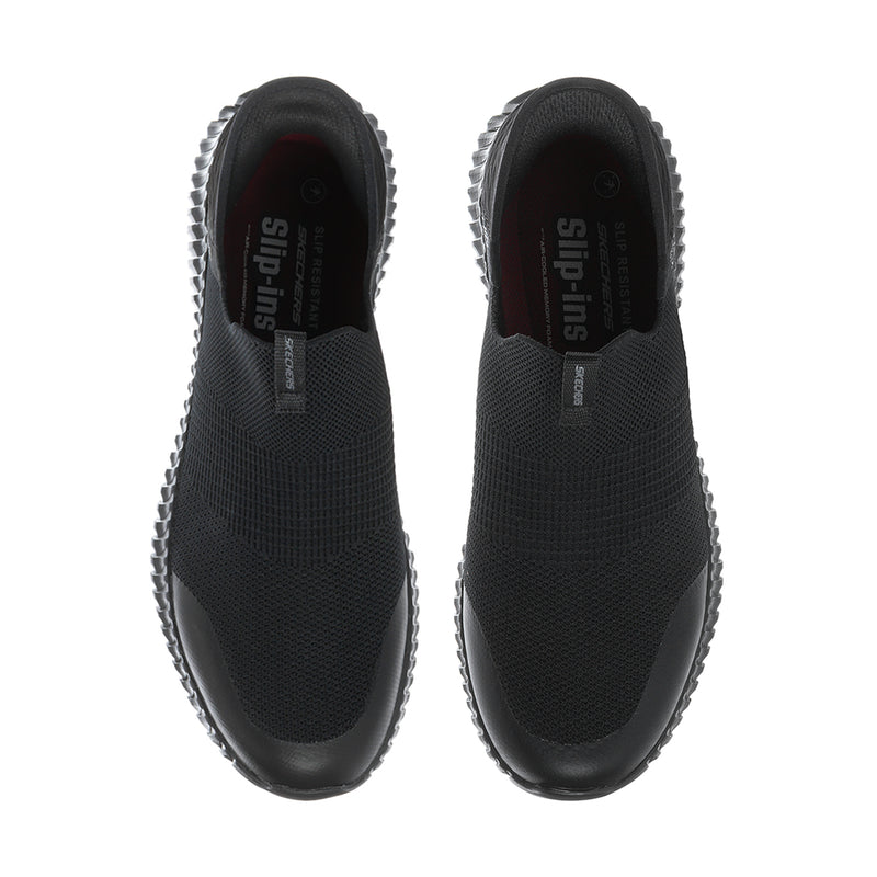 Black slip-on sneakers with 'Slip-ins' logo on tongue and padded insole