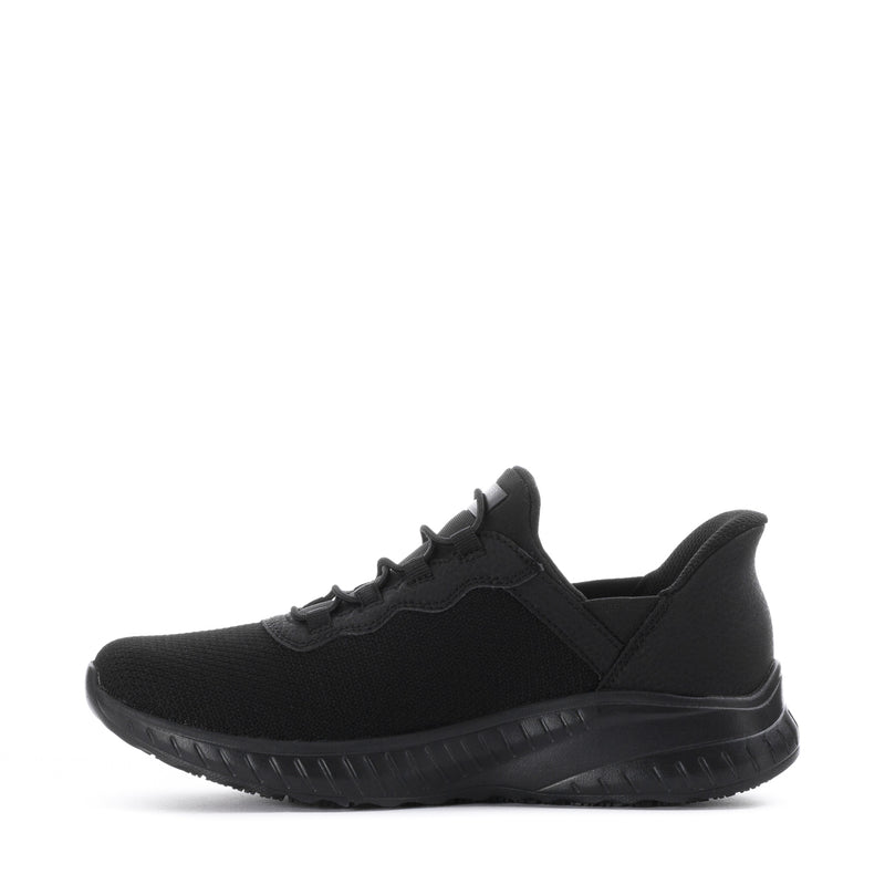 Black lace-up sneakers with elastic collar and chunky textured sole, angled side view