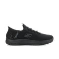 Men's black knit lace-up sneaker with side pull tab and rubber tread sole