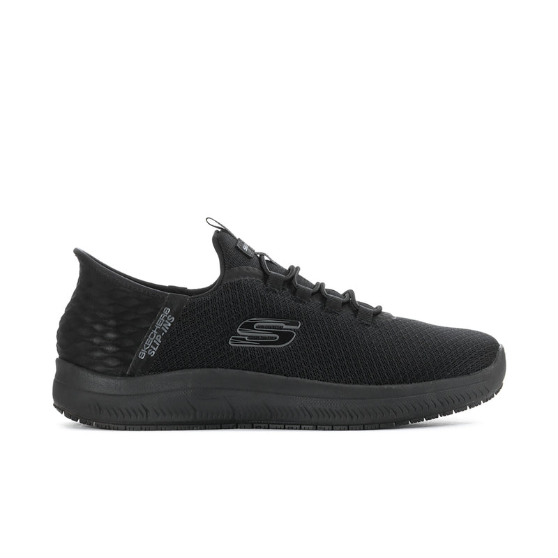 Men's black knit lace-up sneaker with side pull tab and rubber tread sole