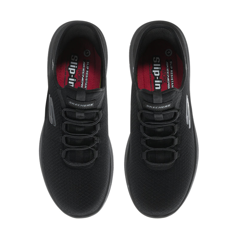 Men's black sneaker with lace-up eyelets and red-lined interior, padded collar