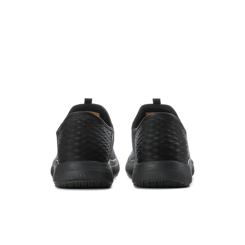 Men's black knit sneaker back view with molded heel panel and rubber outsole