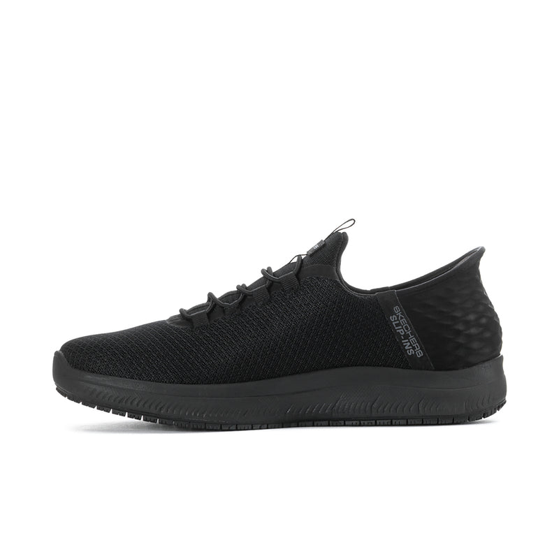 Men's black knit lace-up sneaker side view with textured upper and pull tab