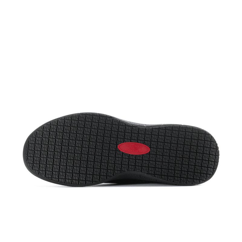 Black sneaker outsole with grid tread and red logo oval