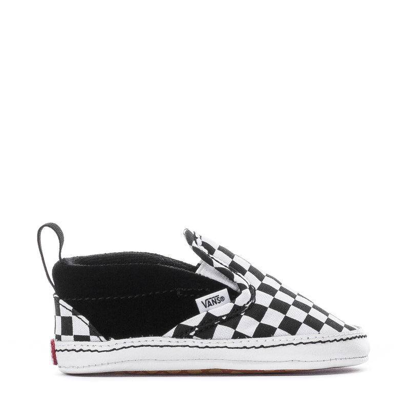 Infant slip-on sneaker in black and white checkerboard, Vans logo patch on side