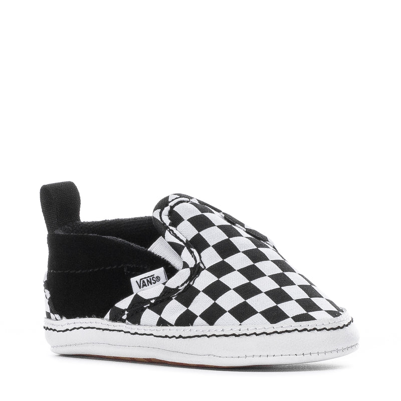 Infant slip-on sneaker with black canvas and white checkerboard upper