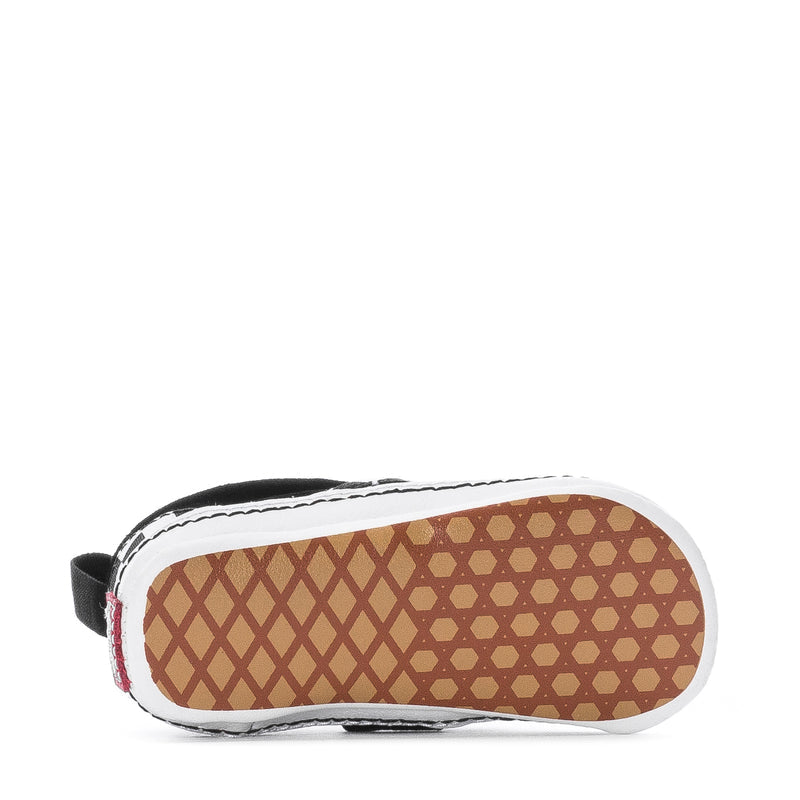 Infant slip-on sneaker outsole with patterned traction and checkerboard upper