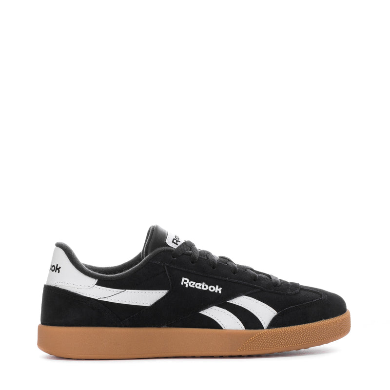 Men's black Reebok sneakers with white stripes and gum rubber outsole