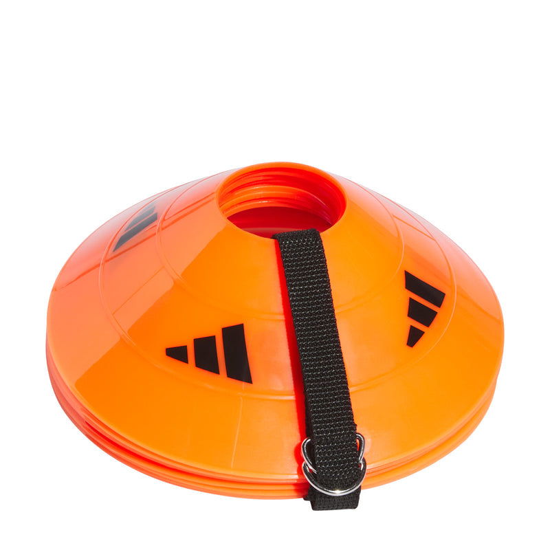 Safety orange soccer training cone with black carry strap and vent holes