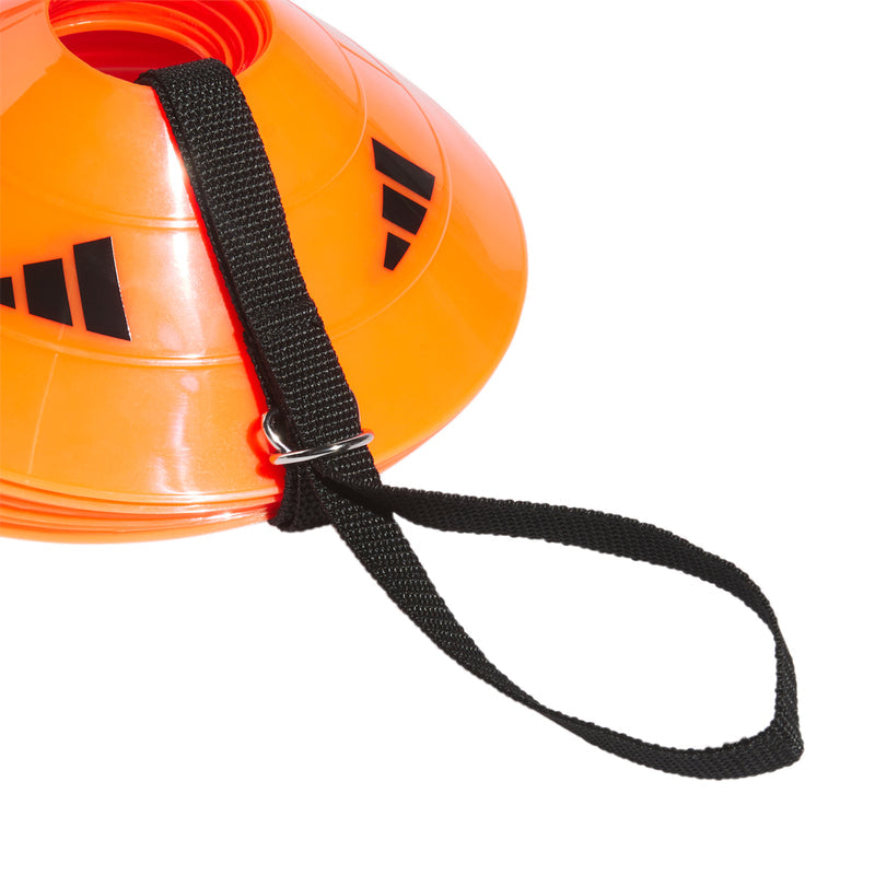 Safety orange soccer training cone with black webbing strap and tether cord