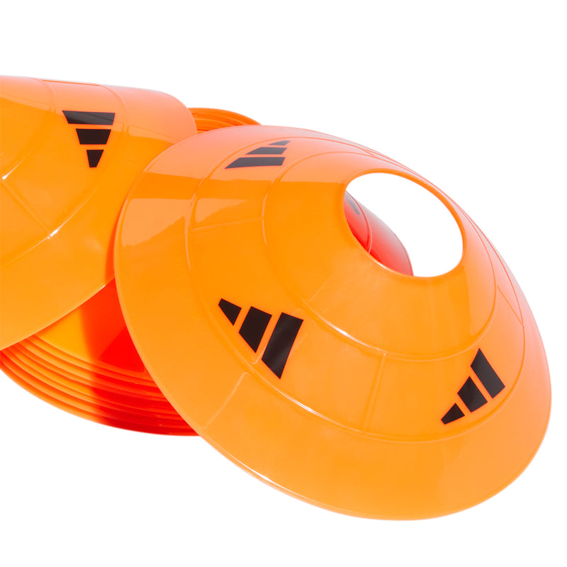 Safety orange soccer training cones with carry-handle cutout and black markings