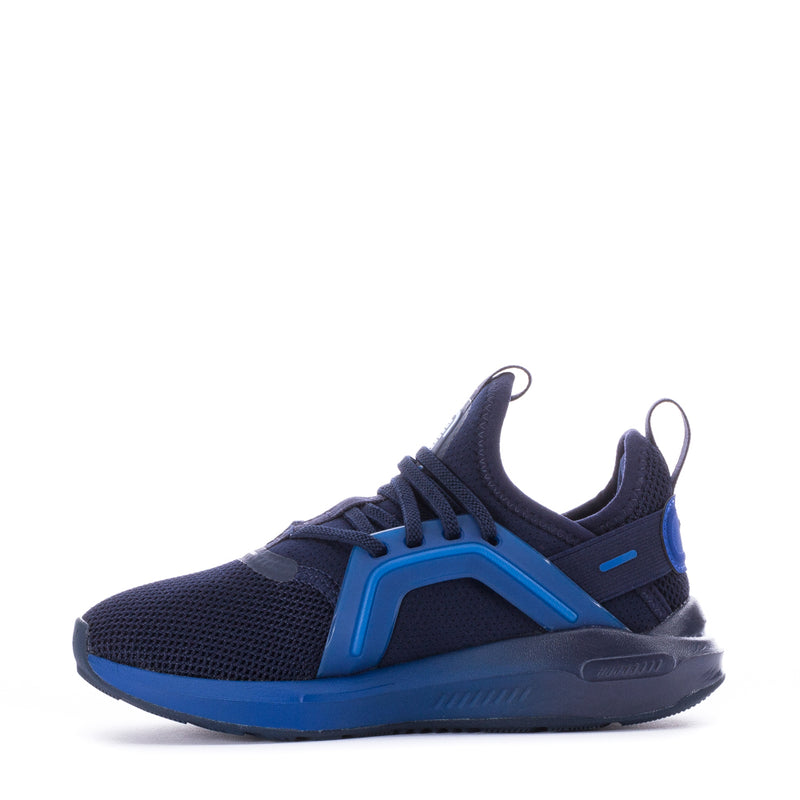 Kids' navy PUMA sneakers with blue side cage, lace-up design and cushioned sole