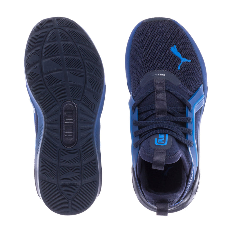 Kids' navy PUMA sneakers outsole tread with blue logo on heel