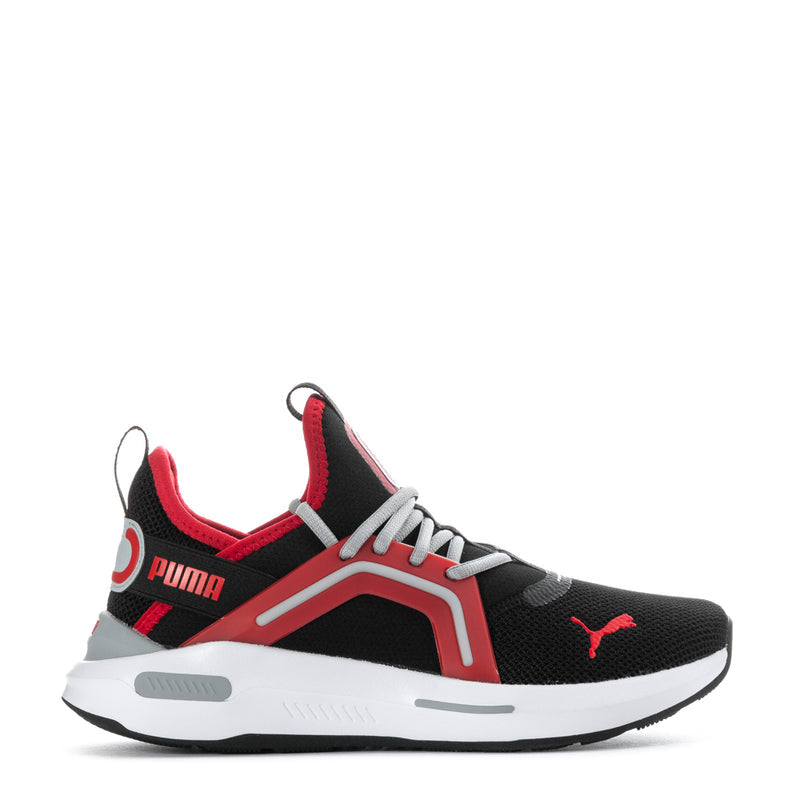 PUMA youth running shoes, black knit with red and gray panels, lace-up, white sole
