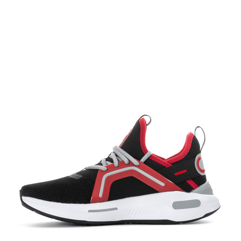 PUMA youth running shoes, black and red lace-up with gray accents and white midsole