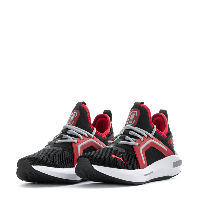 Pair of PUMA youth running shoes, black upper with red and gray overlays, lace-up