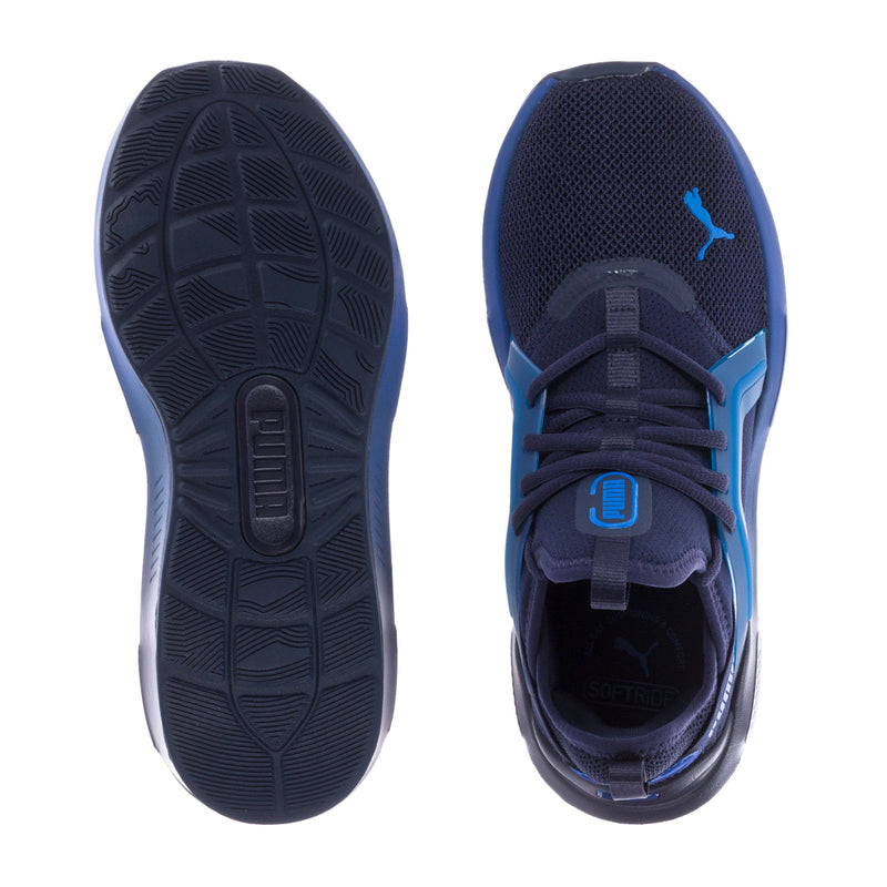Youth sneakers, outsole and upper heel view in dark navy with blue trim