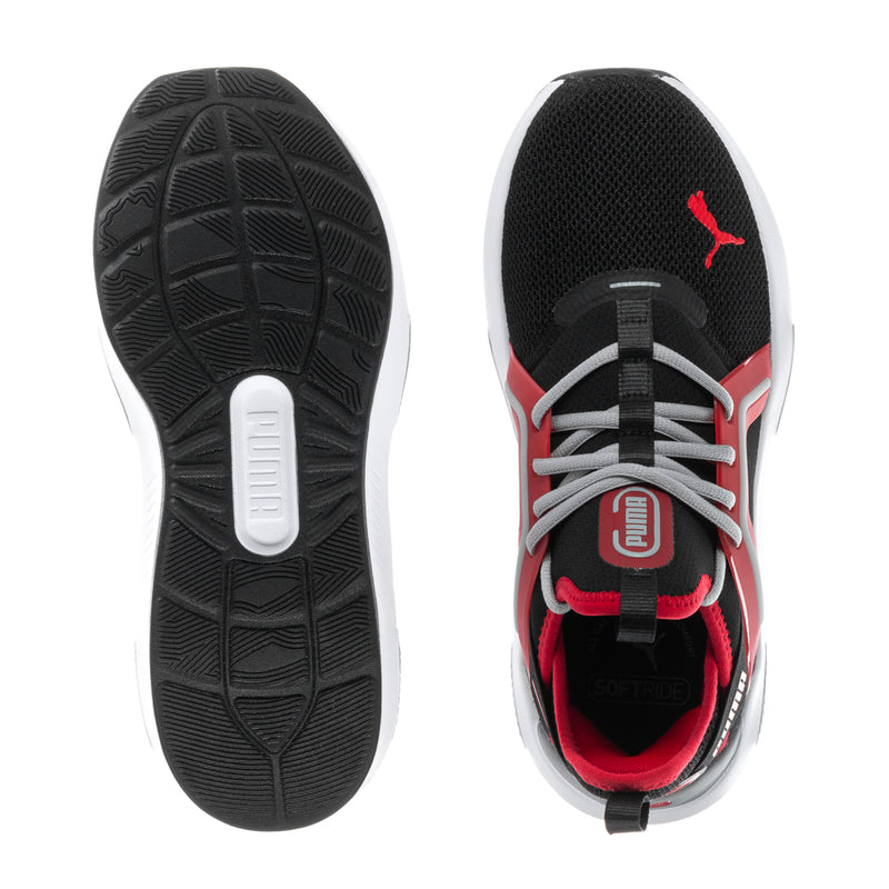 PUMA youth running shoes: black tread outsole and black/red upper with gray laces