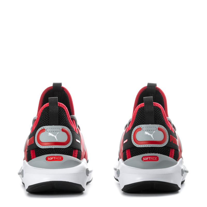 PUMA youth running shoes, rear view with red collar accents, SOFTRIDE heel tab, white sole