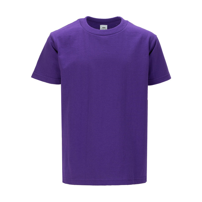 Youth purple crew neck T-shirt, short sleeves, ribbed collar.