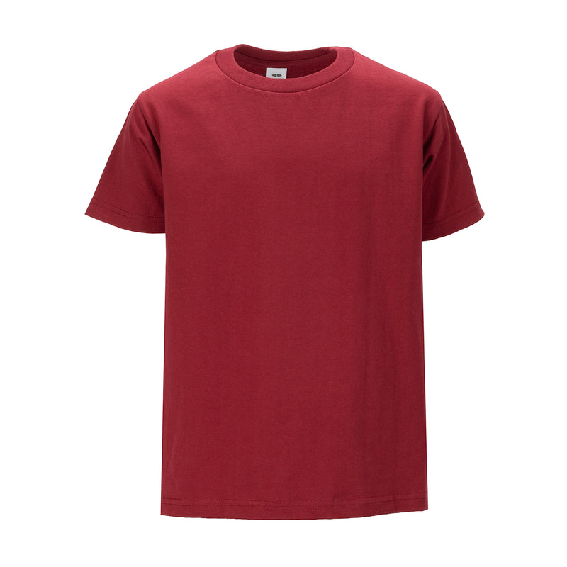 Burgundy youth crew-neck T-shirt with short sleeves, plain front.