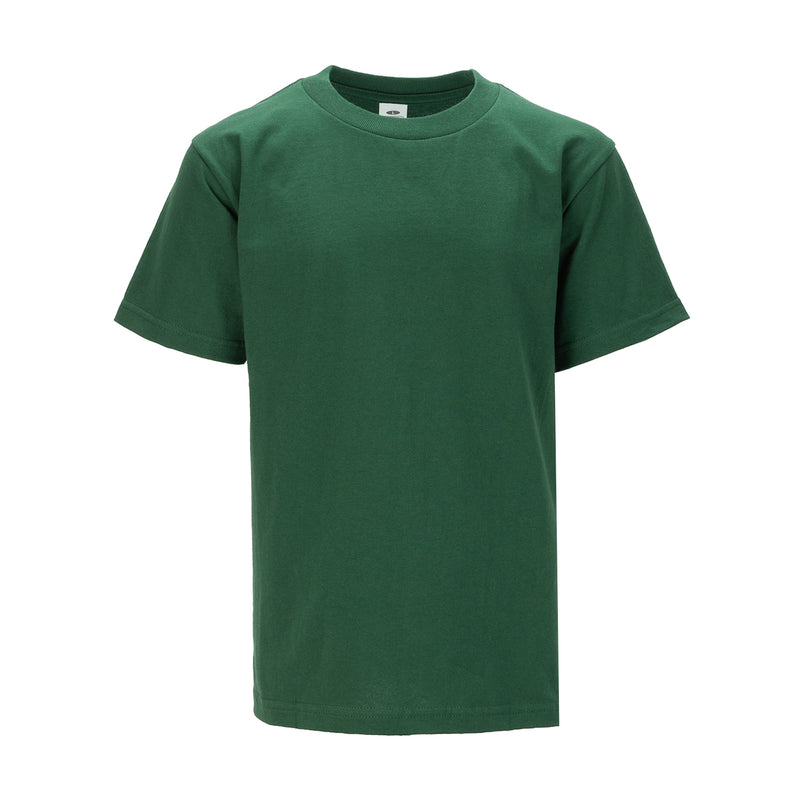 Youth forest green crew-neck T-shirt, short sleeves, front view