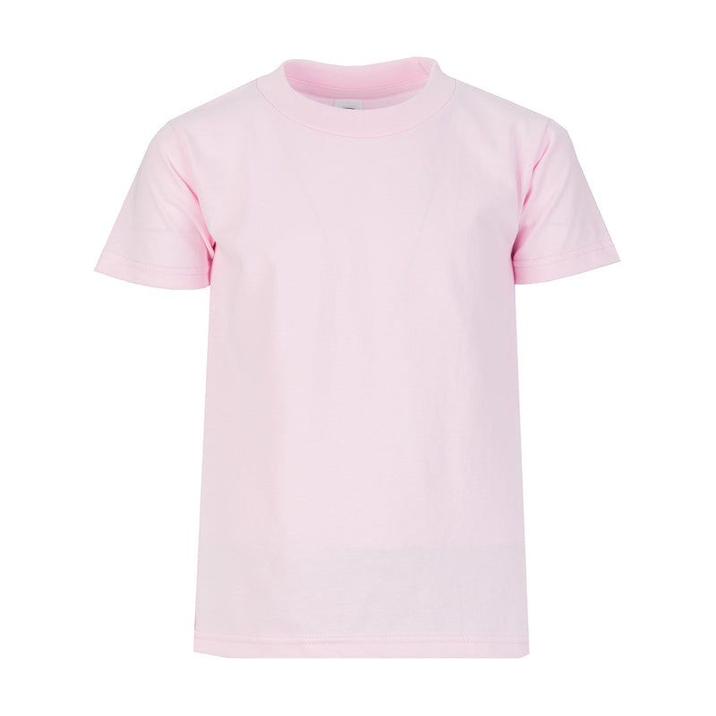 Youth pink crew neck T-shirt with short sleeves, front view