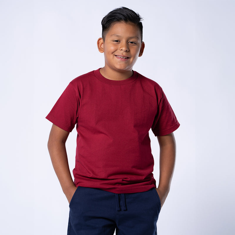 Burgundy youth crew-neck T-shirt, short sleeves, plain design on a child.