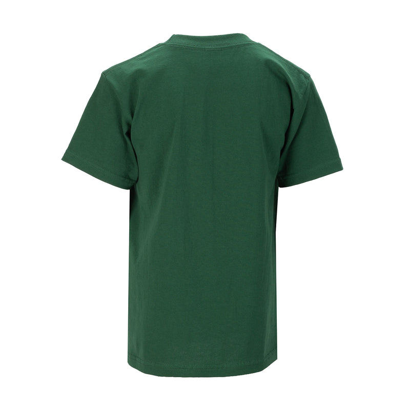 Youth forest green crew-neck T-shirt, short sleeves, back view