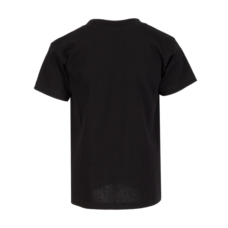 Youth black crew neck T-shirt, short sleeves, solid back view